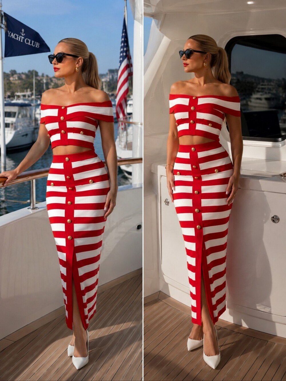 Red And White Striped Knit Off-Shoulder Crop Top And Maxi Skirt Set - Size S
